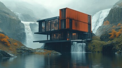 Modern House by Waterfall