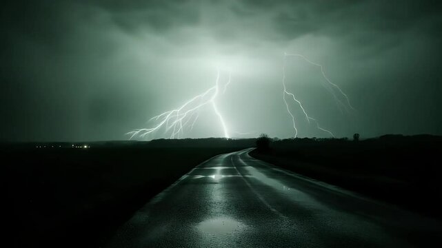Dramatic lightning storm over a long, empty road at night