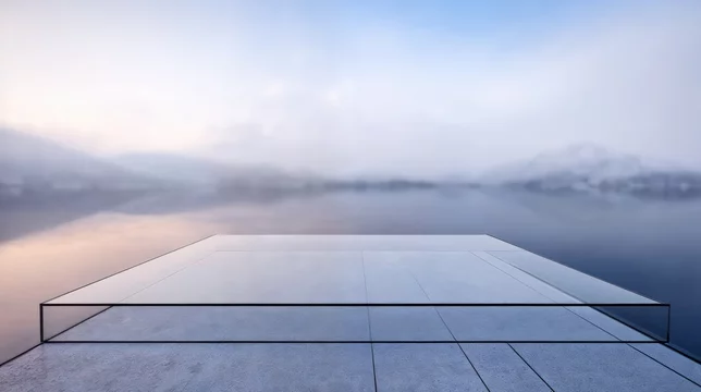 Mountain Reflections and Floating Glass Form