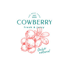 Logo design over hand drawn cowberry branch. Vector illustration in vintage style.