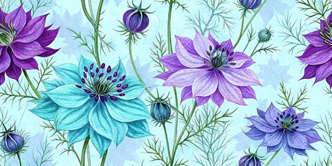 Obraz premium Seamless pattern of nigella flowers airy and romantic ditsy floral