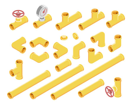 Isometric illustration set of yellow industrial gas pipe fittings valves and connectors isolated on white background for plumbing construction or factory engineering design