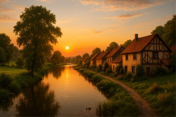 Fototapeta premium Peaceful countryside village beside a calm river during golden sunset, traditional houses with trees and warm natural light reflecting on water, serene rural landscape in realistic photography style. 