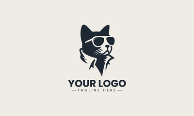 Obraz premium Minimal silhouette of a fashionable black cat wearing shades and open shirt logo illustration