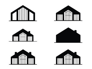 Collection of modern house logos and icons in black and white illustrating architectural design elements