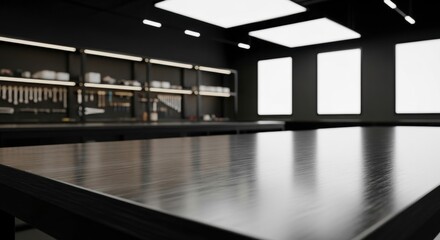 Professional close up of a clean brushed dark gray metal tabletop in a modern industrial workshop