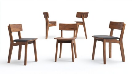 Wooden dining chairs shown from six different angles on white