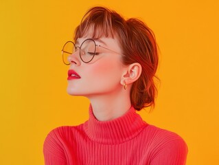 Retro Glamour Portrait: A woman in a turtleneck sweater and vintage glasses strikes a pose against a vibrant gradient background, blending retro charm with current fashion.