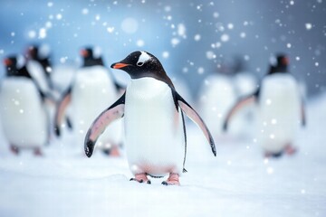 Fototapeta premium Group of penguins walking in winter snow