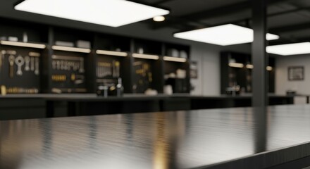 Clean Brushed Dark Gray Metal Tabletop in a Modern Professional Workshop Setting