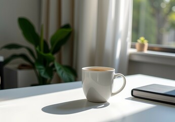 White table, hot coffee cup placed in the bright morning sunlight through the window, with glass shadow and potted plant interior decoration, simple, minimalist, refreshing workspace.