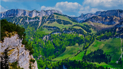 Scenic mountain landscape featuring lush green forests and towering cliffs under a bright blue sky