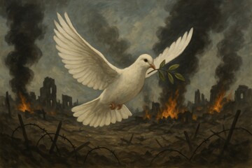 Obraz premium A white dove with an olive branch symbolizes peace amidst conflict. 