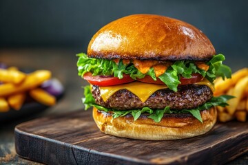 Grilled hamburger with golden bun and fries