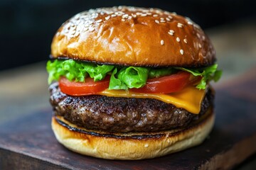 Cheeseburger with sesame bun and crispy lettuce