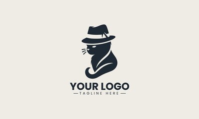 Minimalist black cat with a fashionable fedora hat as stylish silhouette logo design