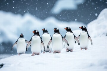 Obraz premium Penguins walking together on snowy ground