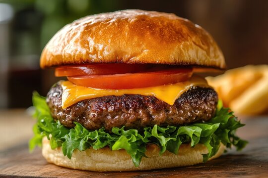 Tasty hamburger with fresh toppings and bun