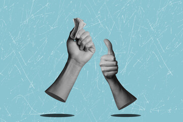 Modern art collage, hand holding a stack of money. Financial development and income increase.	
