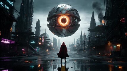 Cloaked figure faces alien surveillance orb in a sci-fi city - Powered by Adobe
