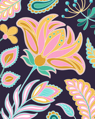 Jacobean Floral Paisley Vertical Poster, Pink Neon Botanical Decorative Traditional Elements Composition. Vector Fantasy Flowers Leaves, Ethnic Ornament for Social Media Background or Wallpaper © ilonitta