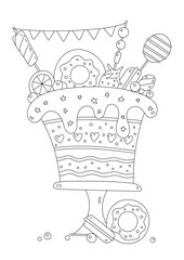 Coloring Book For Stress Relief For Adults And Kids And Cake With Many Decorations