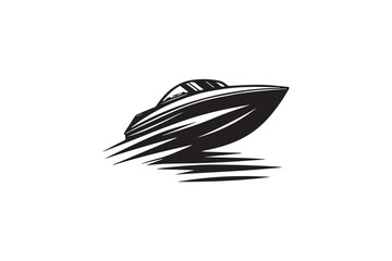 A black-and-white speed boat  against a white background in a straightforward and inconspicuous vector silhouette