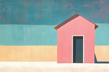 Pink House Minimalist Painting: A minimalist painting of a pink house against a teal and beige backdrop, conveying tranquility and simplicity. 