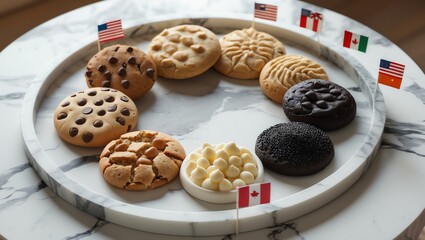 Delicious International Cookies Variety with Flags on Marble Serving Tray