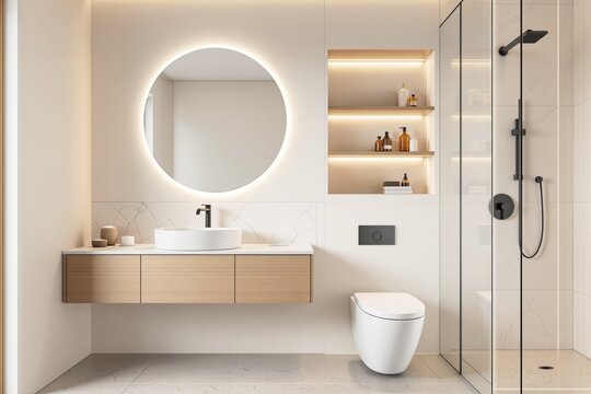 Contemporary bathroom with round backlit mirror, floating wood vanity, built-in shelves, and glass shower on neutral background. Clean design concept. Ai generative