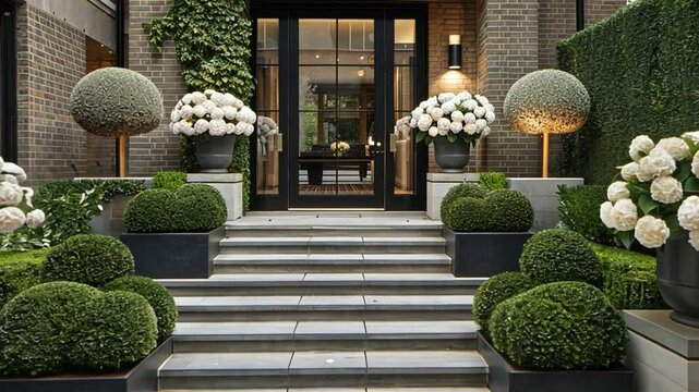 Modern Entrance Design Lush Greenery, Elegant Topiary, and Hydrangeas Create Welcoming Outdoor Atmosphere with Vibrant Landscaping and Sophisticated Architecture.