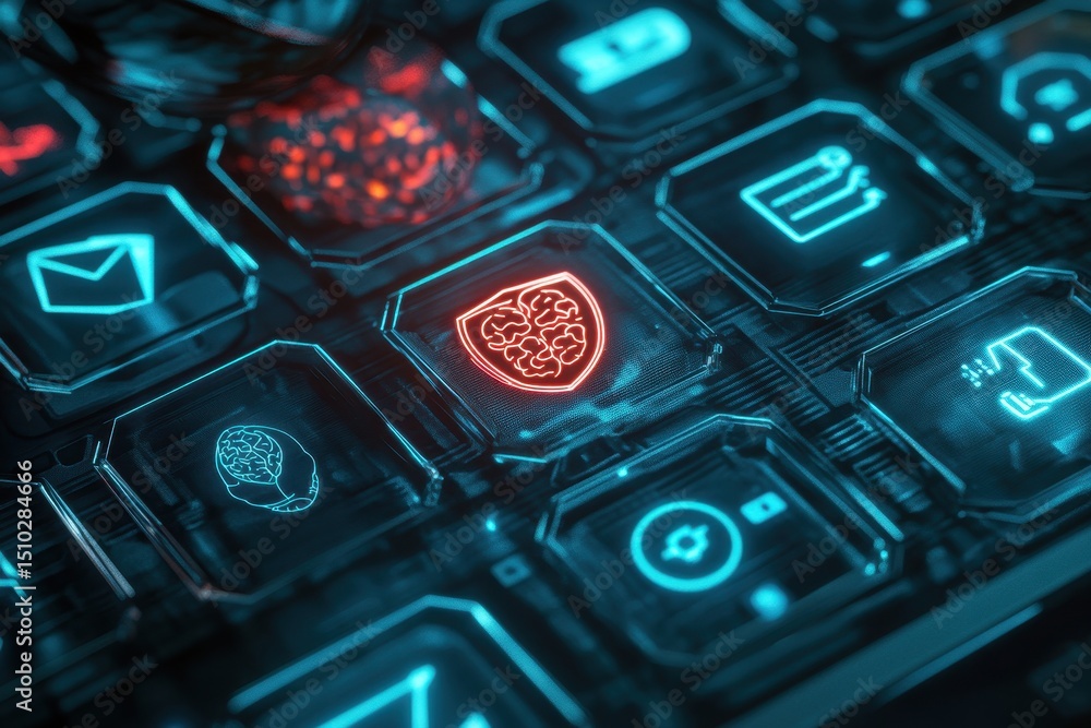 Aufkleber cybersecurity shield: a futuristic keyboard displays a glowing shield icon, symbolizing robust data 