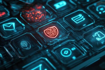 Cybersecurity Shield: A futuristic keyboard displays a glowing shield icon, symbolizing robust data protection and online security in a digital landscape.