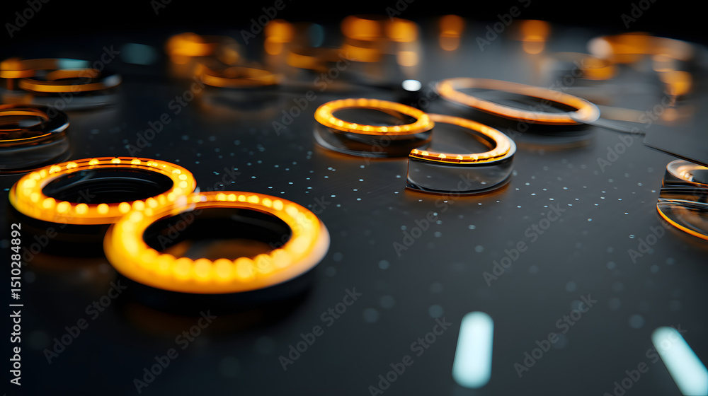 Poster digital odometer closeup: glowing orange led digits on a dark background forming a futuristic digita