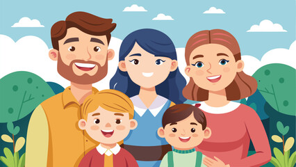 Happy Cartoon Family Portrait with Mother, Father, and Two Children Outdoors