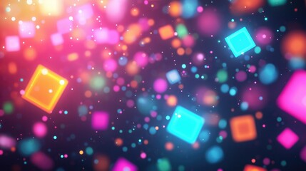 A high-energy, abstract composition of colorful floating light fragments, including bright squares and circles, scattered across a dark background. 