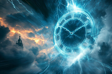 Time-travel scene with electric clouds warping around bolt