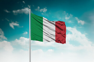 High-resolution stock image of a gently billowing Italy national flag mounted on a modern flagpole...