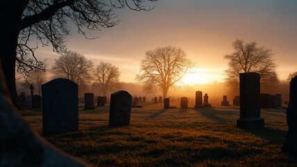 Golden mist rolls through a misty graveyard sunrise, highlighting weathered stones and bare trees, peaceful farewell theme, cinematic atmosphere photo