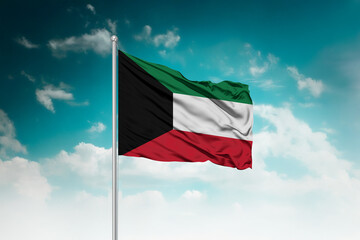 High-resolution stock image of a gently billowing Kuwait national flag mounted on a modern flagpole...