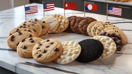 Cookie Variety Display with American and Other Flags Celebrating Global Flavors