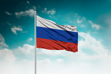 High-resolution stock image of a gently billowing Russia national flag mounted on a modern flagpole against a dramatic sky backdrop, symbolizing unity, patriotism, and global connection.
