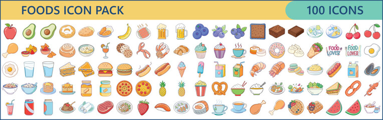 Collection of One Hundred Food Icon Illustrations for Website and Graphic Design