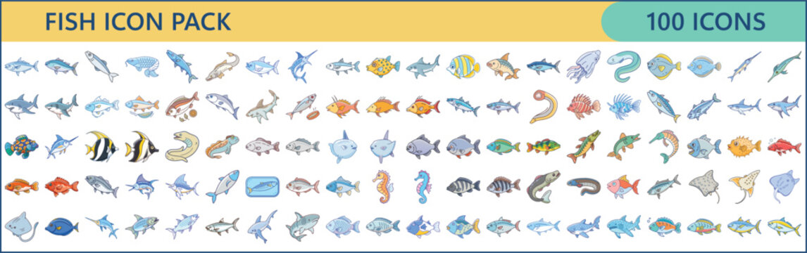 Collection of Fish Icons in Cartoon Style Representing Variety of Marine Life