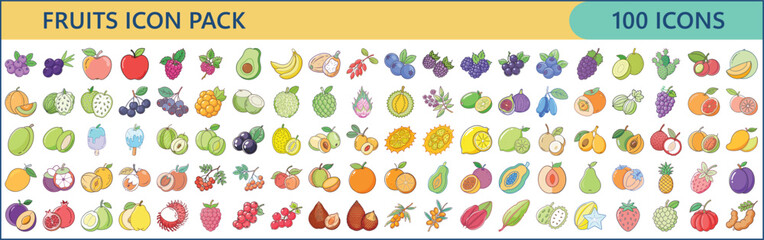 Extensive Fruits Icon Collection Showcasing Variety and Freshness of Healthy Foods