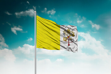 High-resolution stock image of a gently billowing Vatican national flag mounted on a modern flagpole against a dramatic sky backdrop, symbolizing unity, patriotism, and global connection.