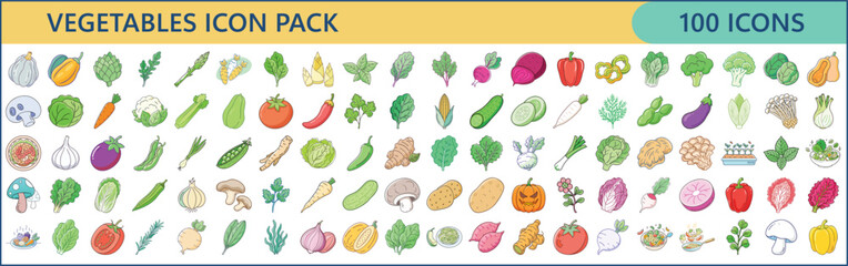 Colorful and Diverse Vegetables Icon Pack with One Hundred Unique Icons
