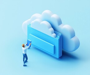 Cloud Data Management: Conceptual image depicting a person interacting with a digital cloud storage system, highlighting data accessibility and secure cloud computing.