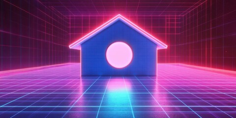 Neon Home: A futuristic digital home glowing with neon lights, perfectly framed against a matrix background, symbolizes technology and innovation in the future.