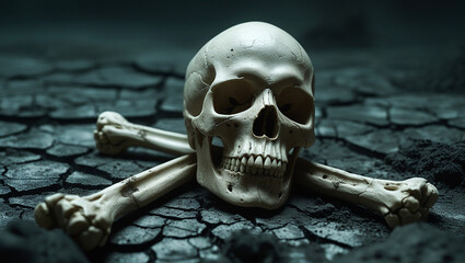 A scary human skull and crossbones symbol on a wooden background, representing danger or death